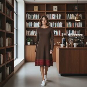 Toad & Co Brown Knit Sweater Dress Fair Isle‎ Hem Button Detail M